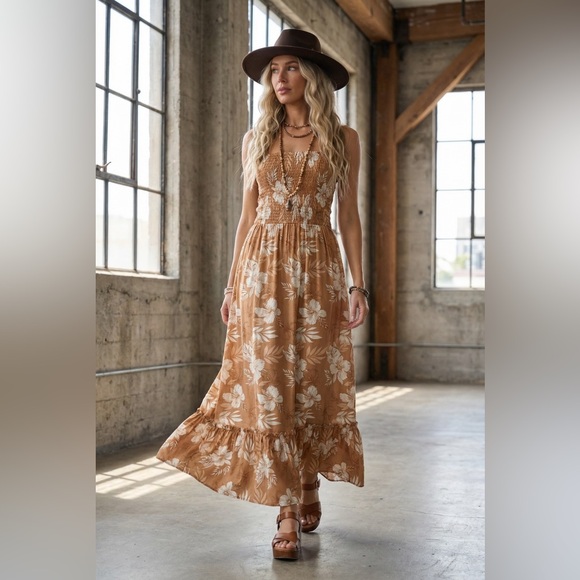 NWT Promesa Boho Tropical Floral Strappy Back Smocked Halter Maxi Dress - Picture 3 of 6